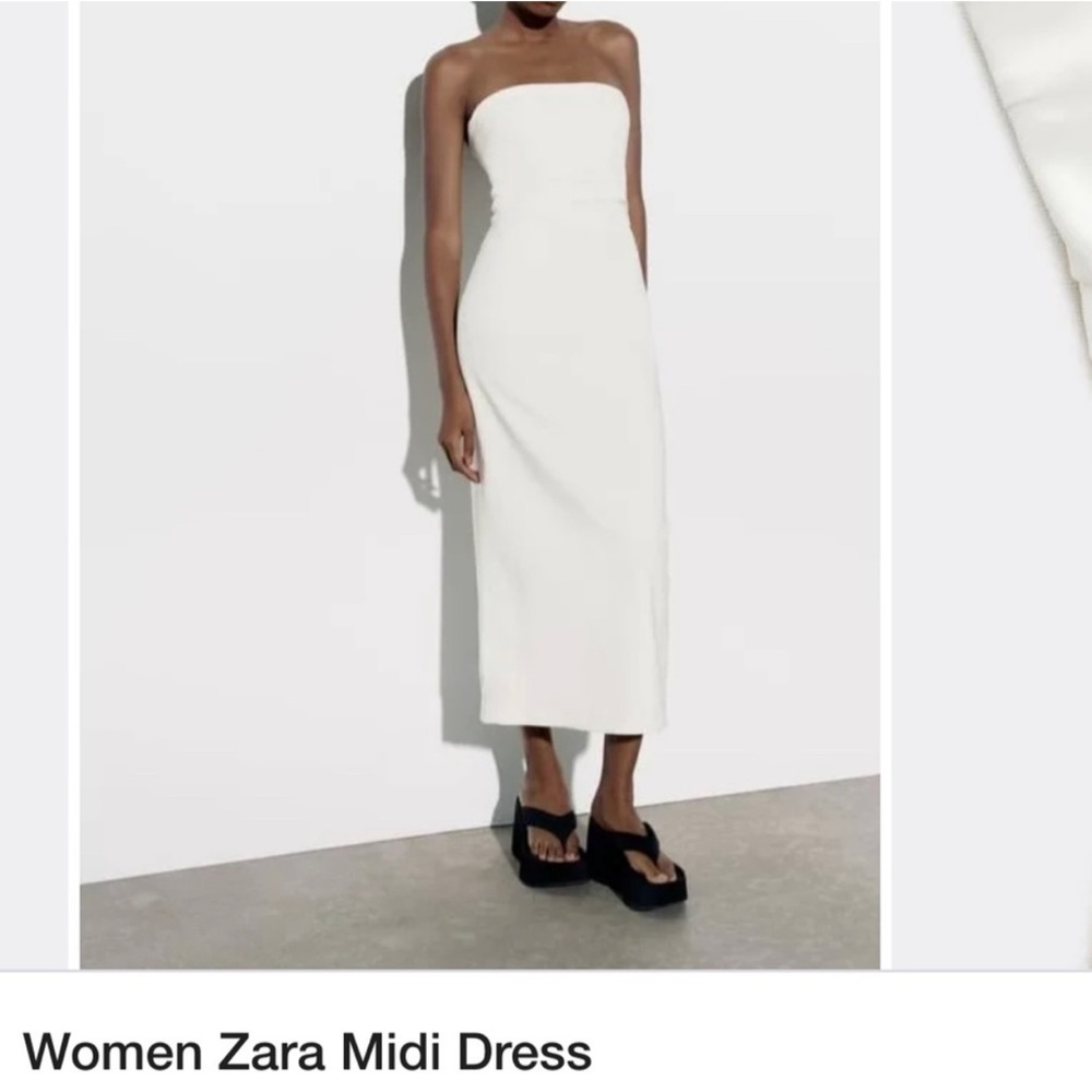 Zara - worn once, white strapless crepe dress with slit in back